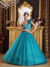 Teal A-Line/Princess One Shoulder Floor-length Tulle Beading Quinceanera Dress