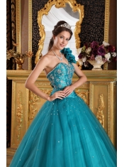 Teal A-Line/Princess One Shoulder Floor-length Tulle Beading Quinceanera Dress