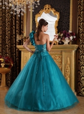 Teal A-Line/Princess One Shoulder Floor-length Tulle Beading Quinceanera Dress