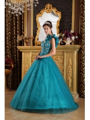 Teal A-Line/Princess One Shoulder Floor-length Tulle Beading Quinceanera Dress