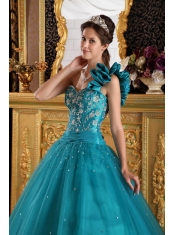Teal A-Line/Princess One Shoulder Floor-length Tulle Beading Quinceanera Dress