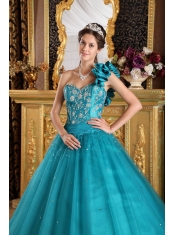 Teal A-Line/Princess One Shoulder Floor-length Tulle Beading Quinceanera Dress