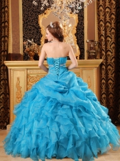 Teal Ball Gown Floor-length Organza Beading and Ruffles Quinceanera Dress