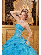 Teal Ball Gown Floor-length Organza Beading and Ruffles Quinceanera Dress