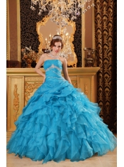 Teal Ball Gown Floor-length Organza Beading and Ruffles Quinceanera Dress