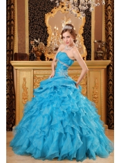 Teal Ball Gown Floor-length Organza Beading and Ruffles Quinceanera Dress