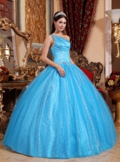 Teal  Ball Gown One Shoulder Floor-length Tulle and Taffeta Beading Quinceanera Dress