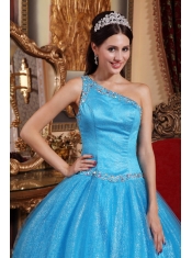 Teal  Ball Gown One Shoulder Floor-length Tulle and Taffeta Beading Quinceanera Dress