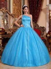 Teal Ball Gown One Shoulder Floor-length Tulle and Taffeta Beading Quinceanera Dress