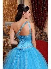 Teal  Ball Gown One Shoulder Floor-length Tulle and Taffeta Beading Quinceanera Dress