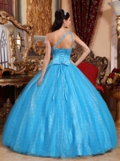 Teal  Ball Gown One Shoulder Floor-length Tulle and Taffeta Beading Quinceanera Dress