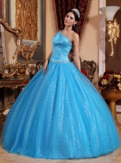 Teal  Ball Gown One Shoulder Floor-length Tulle and Taffeta Beading Quinceanera Dress