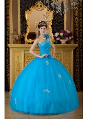 Teal Ball Gown One Shoulder Floor-length Tulle Appliques Quinceanera Dress