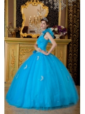 Teal Ball Gown One Shoulder Floor-length Tulle Appliques Quinceanera Dress