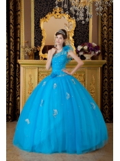 Teal Ball Gown One Shoulder Floor-length Tulle Appliques Quinceanera Dress