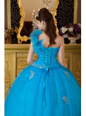 Teal Ball Gown One Shoulder Floor-length Tulle Appliques Quinceanera Dress
