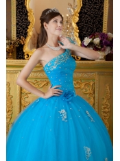 Teal Ball Gown One Shoulder Floor-length Tulle Appliques Quinceanera Dress