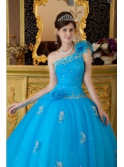 Teal Ball Gown One Shoulder Floor-length Tulle Appliques Quinceanera Dress