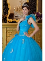 Teal Ball Gown One Shoulder Floor-length Tulle Appliques Quinceanera Dress