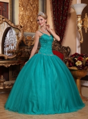 Turquoise Ball Gown Spaghetti Straps Floor-length Tulle Beading Quinceanera Dress