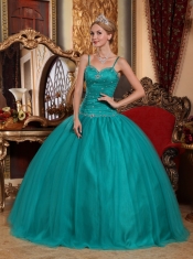 Turquoise Ball Gown Spaghetti Straps Floor-length Tulle Beading Quinceanera Dress