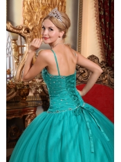 Turquoise Ball Gown Spaghetti Straps Floor-length Tulle Beading Quinceanera Dress