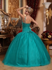 Turquoise Ball Gown Spaghetti Straps Floor-length Tulle Beading Quinceanera Dress