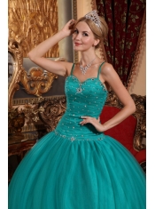 Turquoise Ball Gown Spaghetti Straps Floor-length Tulle Beading Quinceanera Dress