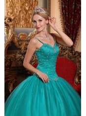 Turquoise Ball Gown Spaghetti Straps Floor-length Tulle Beading Quinceanera Dress