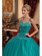 Turquoise Ball Gown Spaghetti Straps Floor-length Tulle Beading Quinceanera Dress