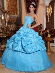 Teal Ball Gown Strapless Floor-length Taffeta and Organza Beading Quinceanera Dress