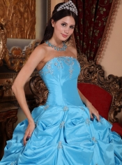 Teal Ball Gown Strapless Floor-length Taffeta and Organza Beading Quinceanera Dress