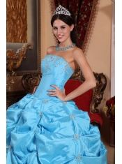 Teal Ball Gown Strapless Floor-length Taffeta and Organza Beading Quinceanera Dress