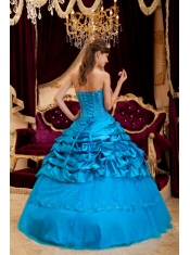 Teal Ball Gown Strapless Floor-length Taffeta and Tulle Lace Appliques Quinceanera Dress