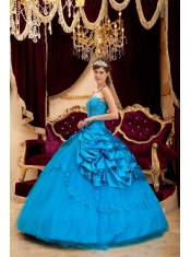 Teal Ball Gown Strapless Floor-length Taffeta and Tulle Lace Appliques Quinceanera Dress