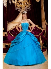 Teal Ball Gown Strapless Floor-length Taffeta and Tulle Lace Appliques Quinceanera Dress