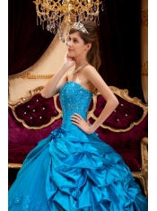 Teal Ball Gown Strapless Floor-length Taffeta and Tulle Lace Appliques Quinceanera Dress