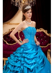 Teal Ball Gown Strapless Floor-length Taffeta and Tulle Lace Appliques Quinceanera Dress