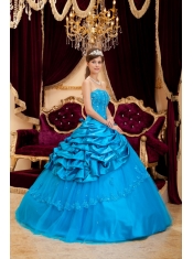 Teal Ball Gown Strapless Floor-length Taffeta and Tulle Lace Appliques Quinceanera Dress