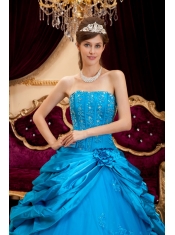 Teal Ball Gown Strapless Floor-length Taffeta and Tulle Lace Appliques Quinceanera Dress