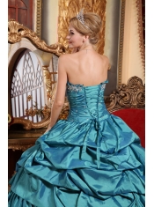 Teal Ball Gown Strapless Floor-length Taffeta Appliques and Pick-ups Quinceanera Dress