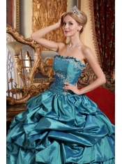 Teal Ball Gown Strapless Floor-length Taffeta Appliques and Pick-ups Quinceanera Dress
