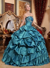 Teal Ball Gown Strapless Floor-length Taffeta Appliques and Pick-ups Quinceanera Dress