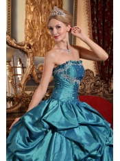 Teal Ball Gown Strapless Floor-length Taffeta Appliques and Pick-ups Quinceanera Dress