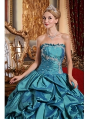 Teal Ball Gown Strapless Floor-length Taffeta Appliques and Pick-ups Quinceanera Dress