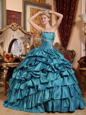 Teal Ball Gown Strapless Floor-length Taffeta Appliques and Pick-ups Quinceanera Dress