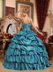 Teal Ball Gown Strapless Floor-length Taffeta Appliques and Pick-ups Quinceanera Dress