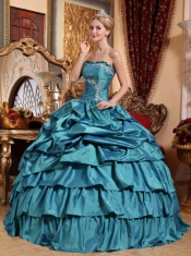 Teal Ball Gown Strapless Floor-length Taffeta Appliques and Pick-ups Quinceanera Dress