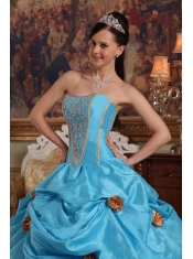 Teal Ball Gown Strapless Floor-length Taffeta Beading and 3D Flower Quinceanera Dress