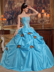 Teal Ball Gown Strapless Floor-length Taffeta Beading and 3D Flower Quinceanera Dress